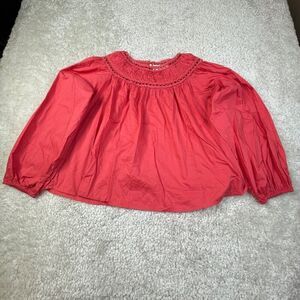 Merlette Lattice Yoke Smocked Puff Sleeve Blouse Coral Pink